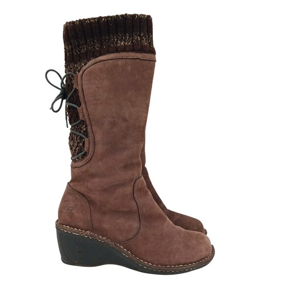 UGG Skylair Brown Leather Wedge Shearling Knit Tall Boots Size 9 Lace Up - Picture 1 of 14